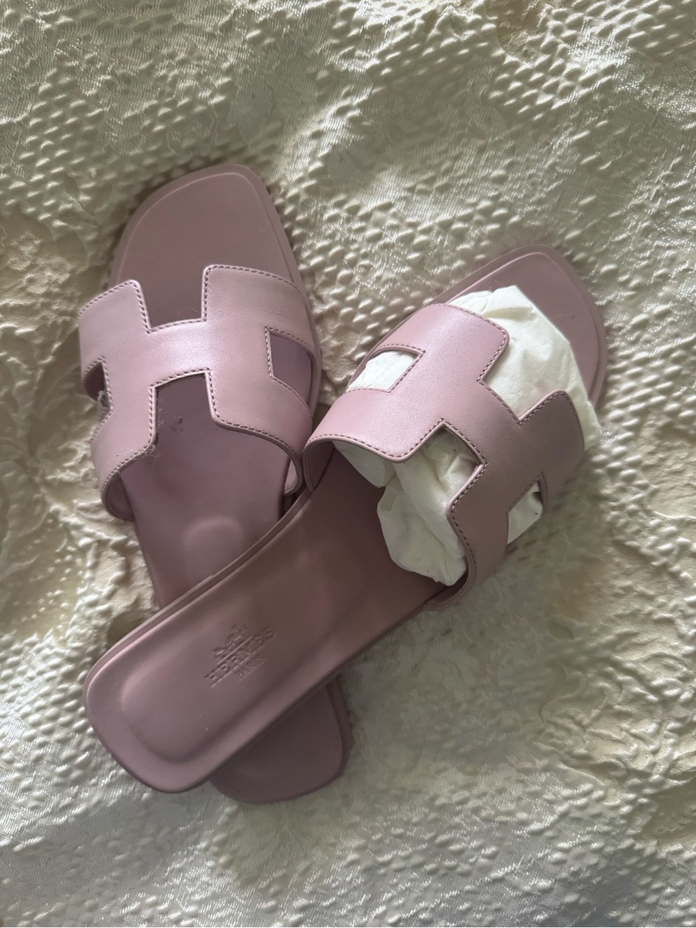 Hermes Pink Leather H Oran Slide Sandals